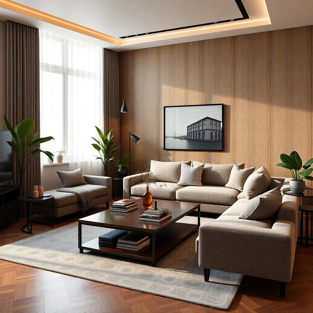A photorealistic image of a contemporary living room with multi-purpose furniture, such as a coffee table that converts into a desk, and a stylish sofa bed. The room should be well-lit, showcasing elegant decor, a mix of textures, and plants to enhance the liveliness of the space.