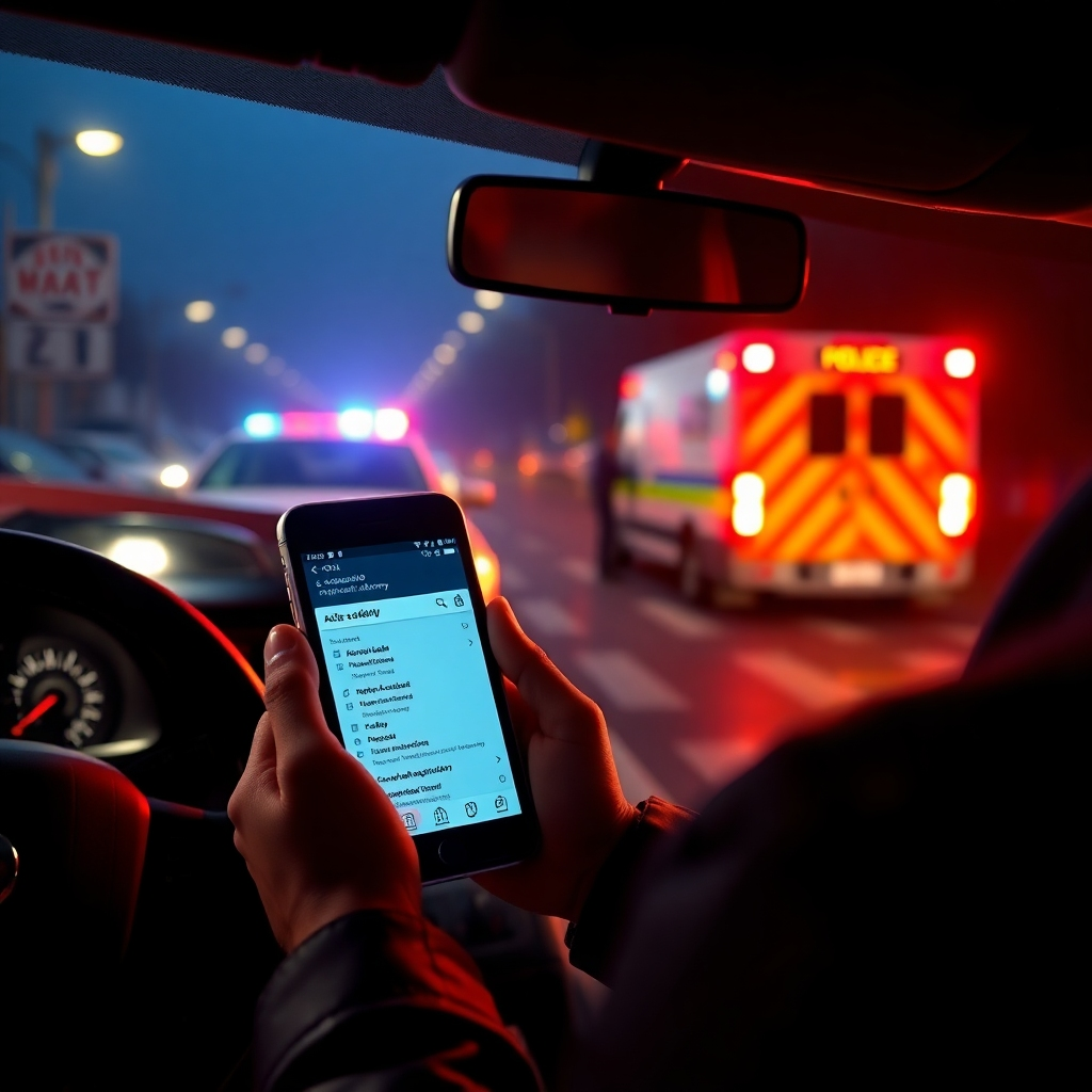 A photorealistic image of a distressed car accident scene with a concerned driver using a smartphone to search for legal help. The smartphone screen shows a search for 'auto accident attorney.' The background includes police and paramedics responding.