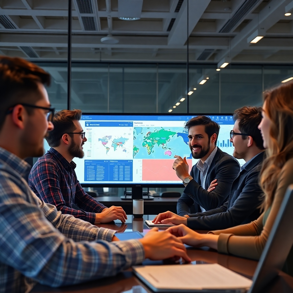 A photorealistic image of a marketing team in a modern office, analyzing data on large screens showing geofencing ad performance metrics and maps. The focus should be on the team’s engaged expressions, indicating excitement about real-time results and strategies.