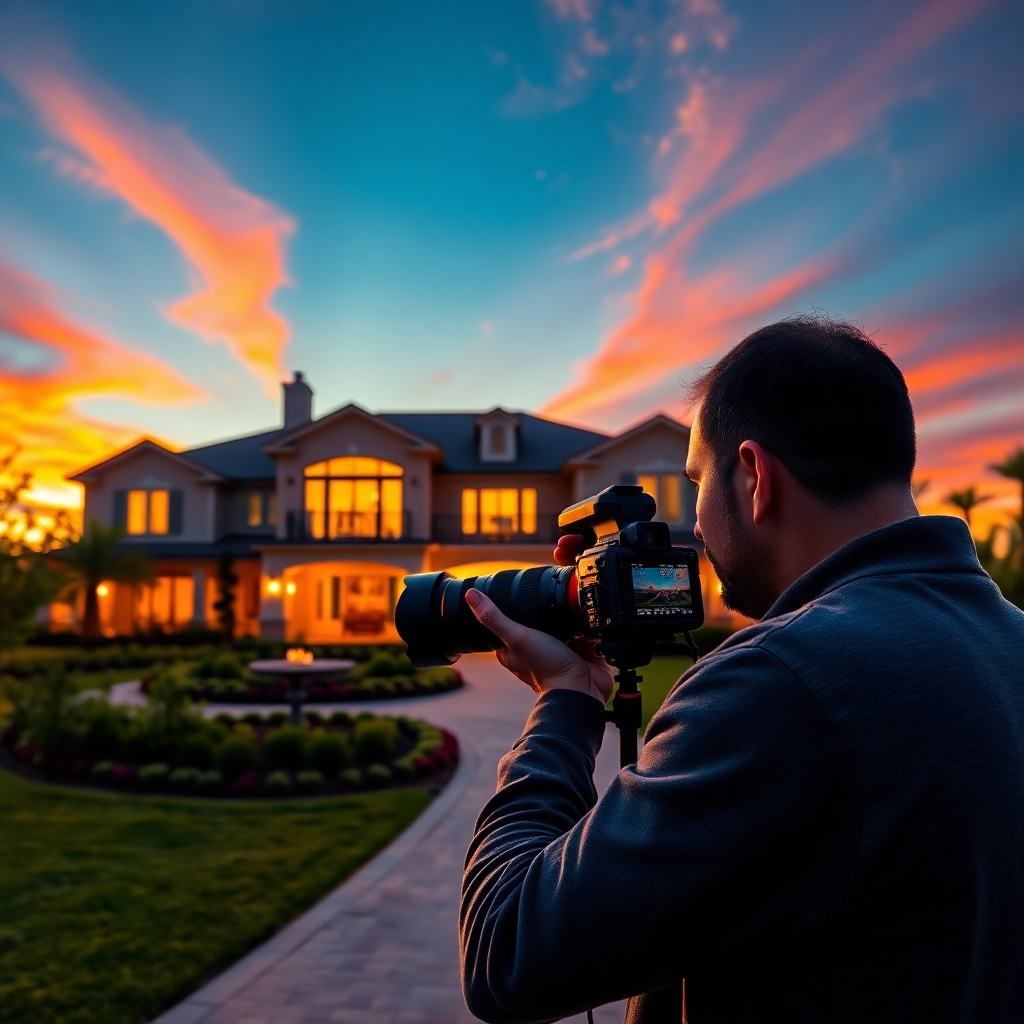 A photorealistic image of a photographer capturing a luxurious property at sunset. The home should be beautifully lit, with vibrant skies and lush landscaping. The photographer should be seen adjusting the camera, emphasizing the focus on high-quality visuals.