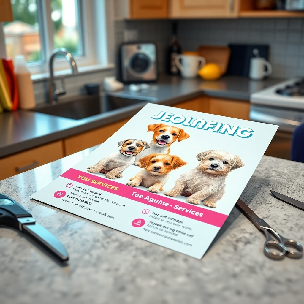 A photorealistic image of a professionally designed dog grooming flyer laid out prominently on a kitchen countertop. The flyer should feature cute, happy dogs, bold fonts emphasizing services, and bright colors that attract attention, surrounded by dog grooming tools for context.