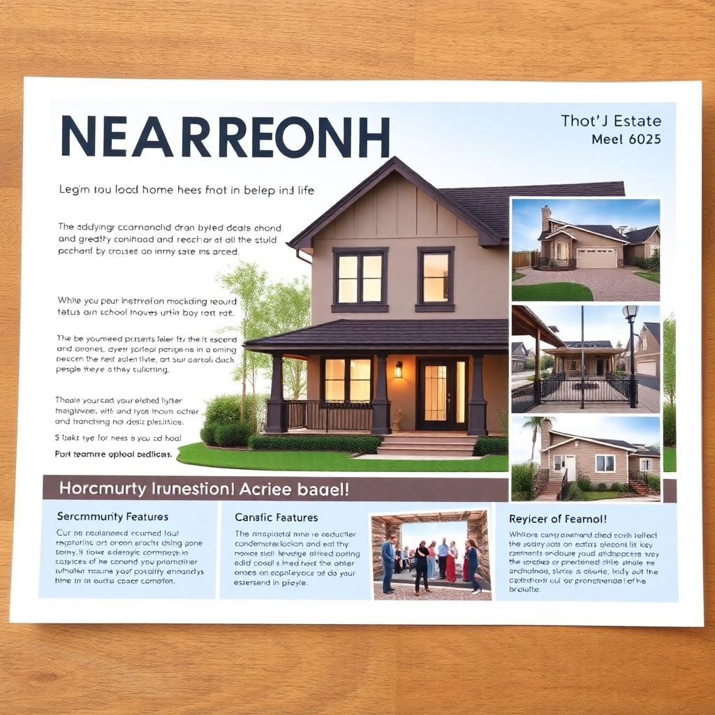 A photorealistic image of a real estate flyer designed for a specific neighborhood, featuring tailored messaging about local amenities and home styles. Include visuals of key community features, such as parks or schools, along with text that speaks directly to potential buyers in that area.