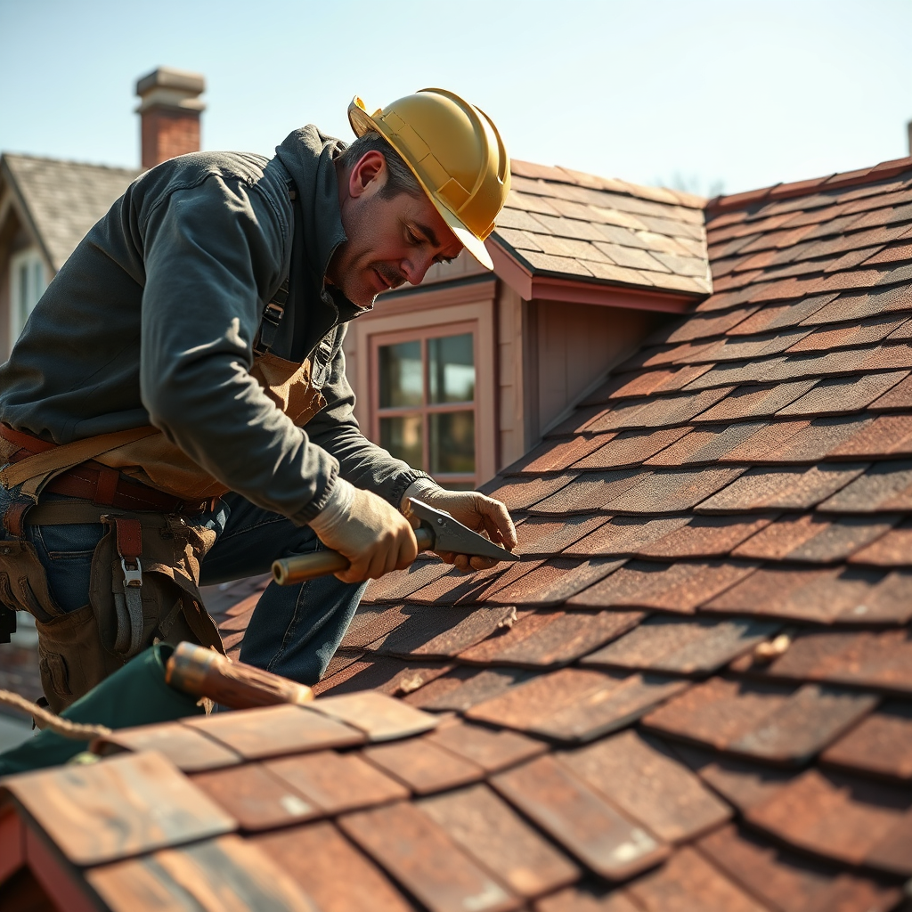 A photorealistic image of a skilled roofer repairing shingles on a historic home. The roofer is in action, with tools in hand, surrounded by the vibrant details of the roof. Natural light illuminates the scene, highlighting the craftsmanship. The colors should be warm and inviting, emphasizing the home’s details in a neighborhood setting. The image captures the essence of skilled workmanship in a beautiful classic architecture context.