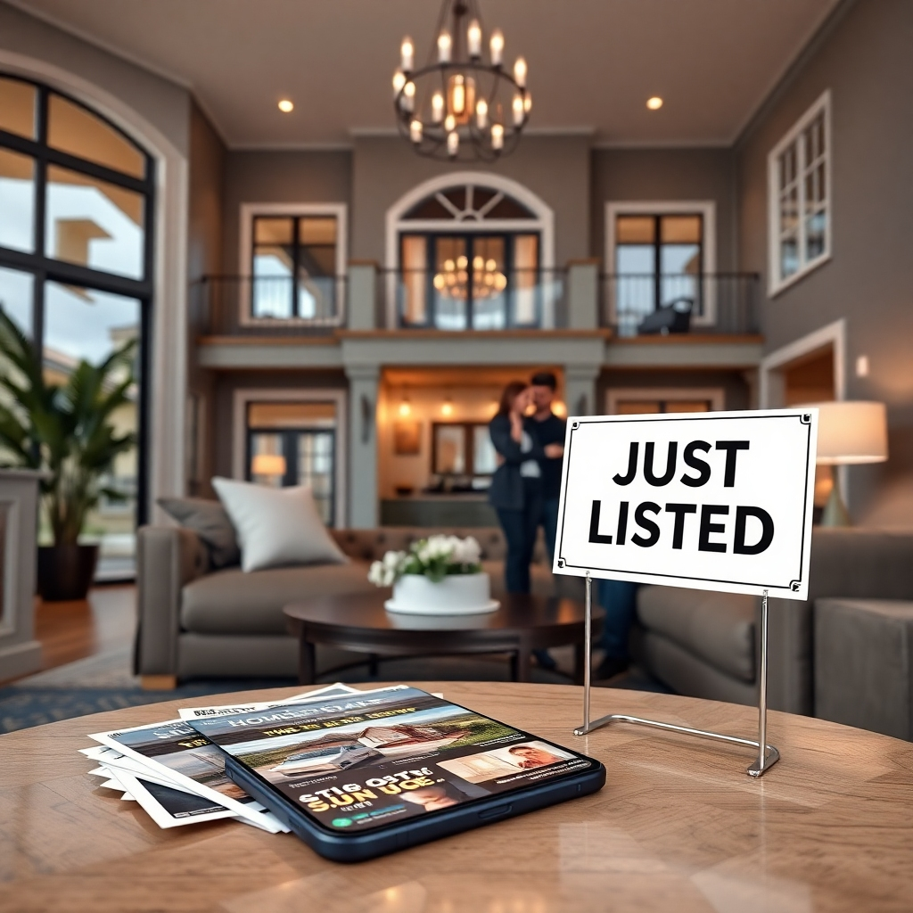 A photorealistic image of a stunning home with a 'Just Listed' sign prominently displayed. In the foreground, include high-quality flyers on a coffee table alongside a smartphone showcasing digital ads. Show eager homebuyers discussing the property with a real estate agent.