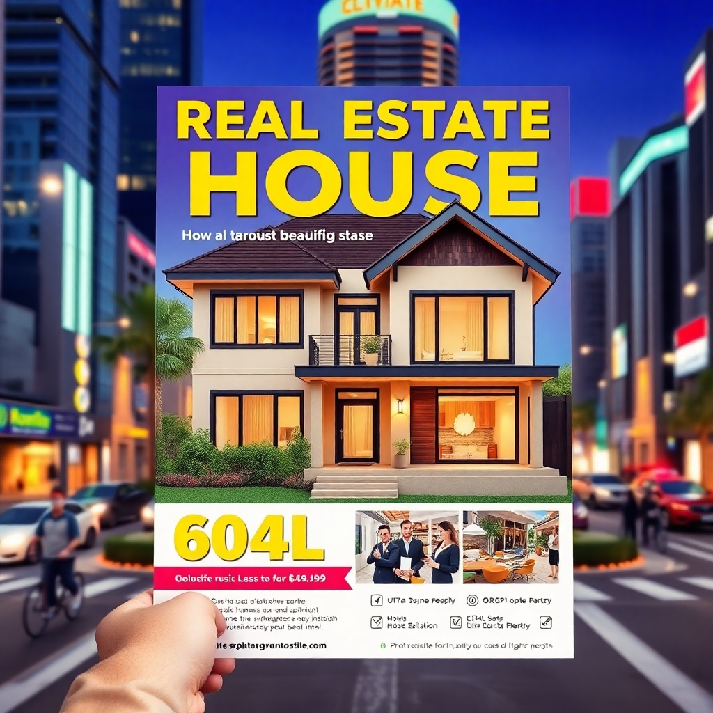 A photorealistic image of a vibrant real estate flyer displaying a beautiful house. The flyer shows bold typography, high-quality images of the property, and vibrant colors in an innovative layout, set against a backdrop of a bustling urban area.