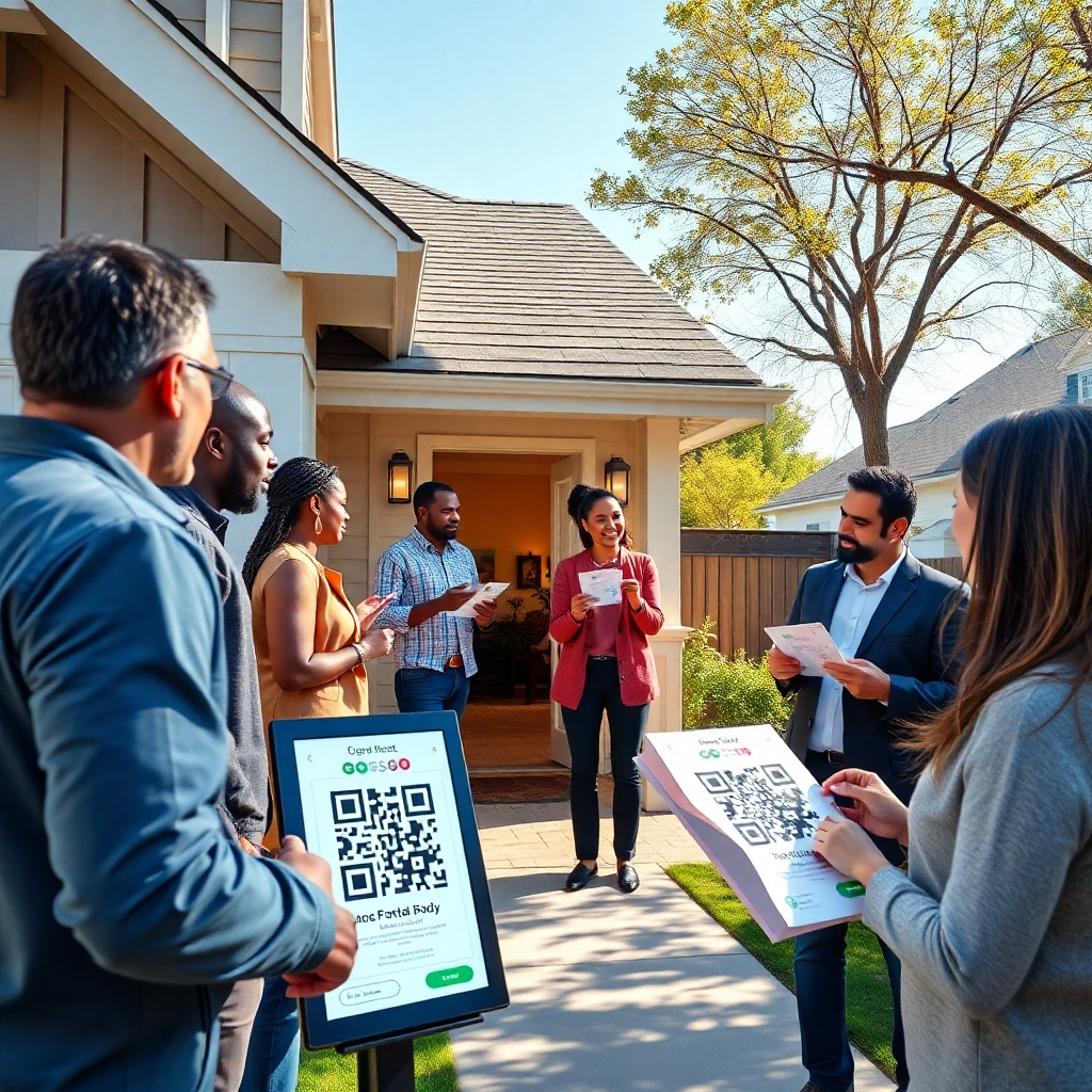 A photorealistic image of a vibrant open house event with diverse buyers interacting with geotagged flyers. Include elements like a house with an inviting entrance, a digital display showing a QR code, and happy real estate agents engaging with prospective buyers in a sunny neighborhood.