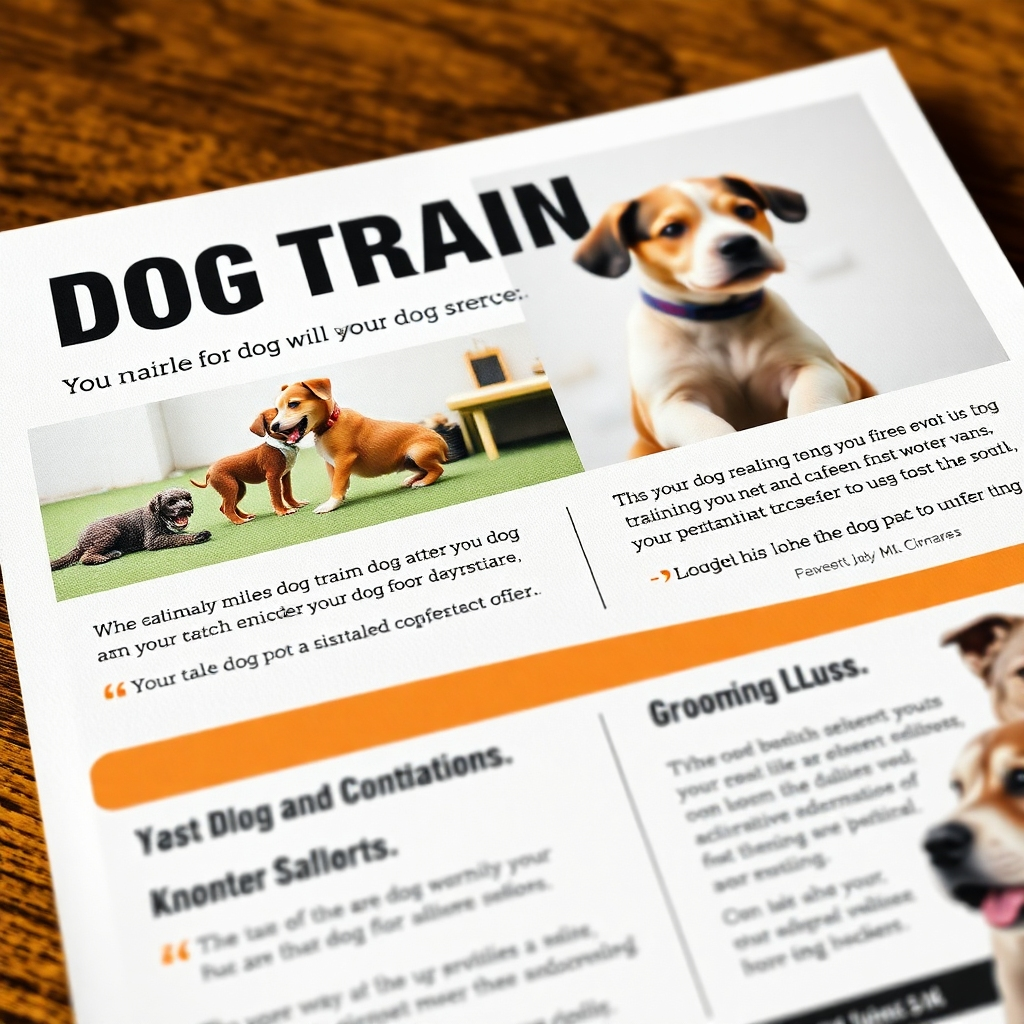 A photorealistic image showcasing a close-up of a well-crafted flyer that emphasizes dog training and grooming services. The flyer has catchy text and an appealing layout with images of dogs in training sessions, alongside accolades or testimonials from satisfied clients.