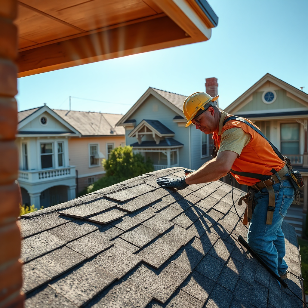 Skilled roofer replacing shingles on a historic home