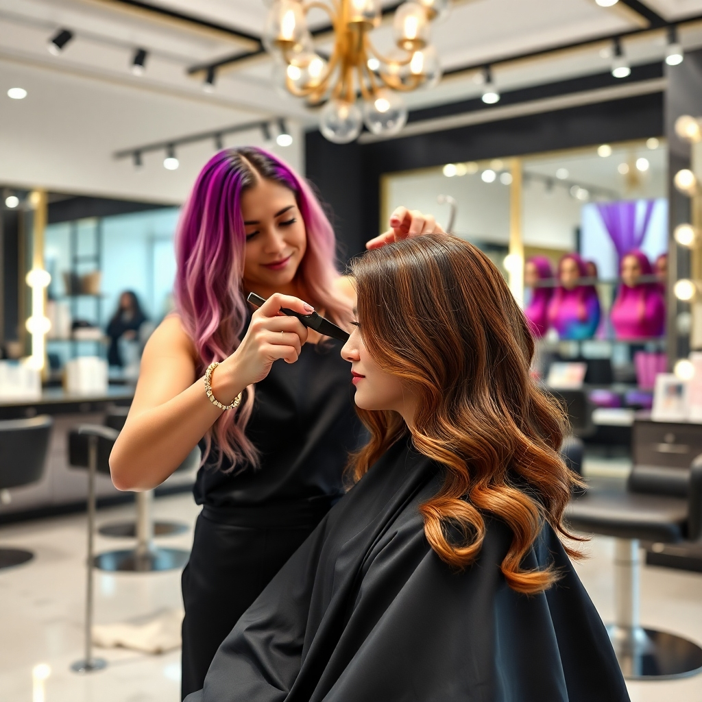 A photorealistic image showing a skilled stylist giving a chic haircut to a client in a modern salon setting, with vibrant hair color transformations in the background. The salon should have elegant decor, reflecting a sophisticated and stylish atmosphere.