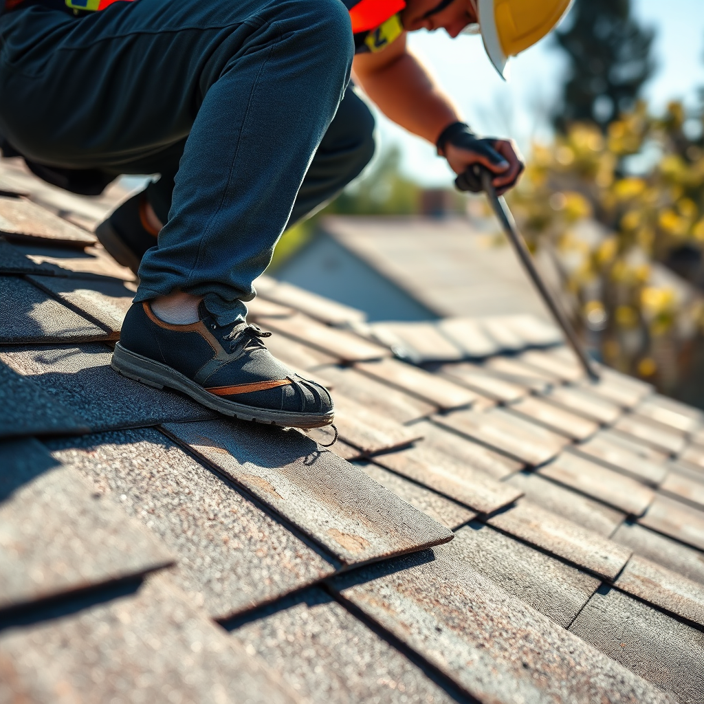 A photorealistic image showing a close-up of a roofer inspecting a roof for potential leaks. The roofer is wearing safety gear while checking a section of shingles with visible wear and tear. Bright, natural light illuminates the scene, enhancing the textures of the roofing materials. The background hints at a classic Sacramento neighborhood. The focus should be sharp on the roofing, creating a sense of urgency and professionalism. This high-quality image represents dedication to leak prevention.