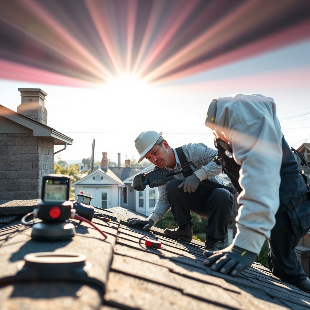 Roofer inspecting roof with leak detection tools