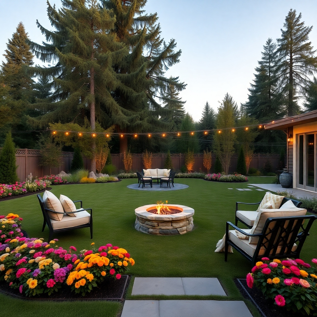 A picturesque backyard featuring a manicured lawn, vibrant flower beds, and a stylish patio set. Include a cozy fire pit and outdoor string lights that create a welcoming atmosphere during the evening, surrounded by tall trees and nature.