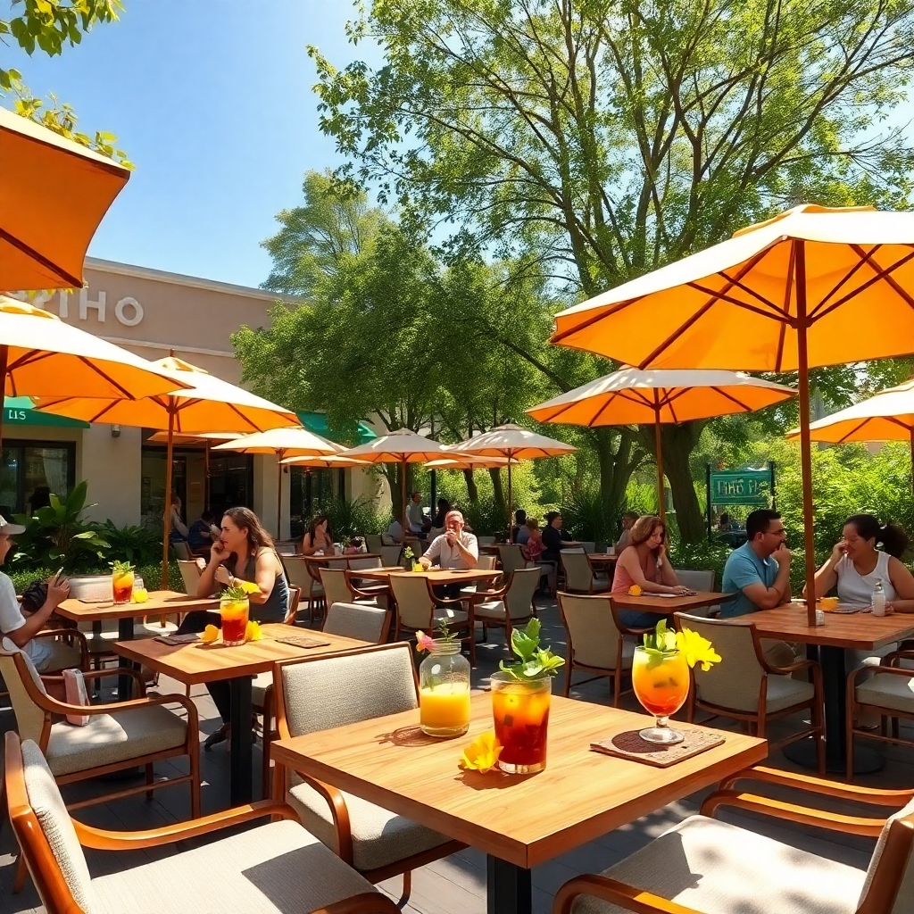 A picturesque outdoor seating area of 'Pho Fresh' with bright patio umbrellas and comfortable chairs arranged around tables. Sunlight filters through the trees, creating a dappled light effect on the tables. The color palette includes vibrant greens, soft blues, and cheerful yellows from flowers. The camera angle is a slightly elevated view, capturing both patrons enjoying their meals and the inviting layout of the outdoor space. Textures of the wooden tables contrast with the soft fabric of the chair cushions, and props include drinks with fresh herbs and flowers as garnishes. The atmosphere is lively yet relaxing, with people laughing and sharing food. The scene should be hyperrealistic, focusing on the beauty of the setting, rendered in ultra-high quality 8K resolution.