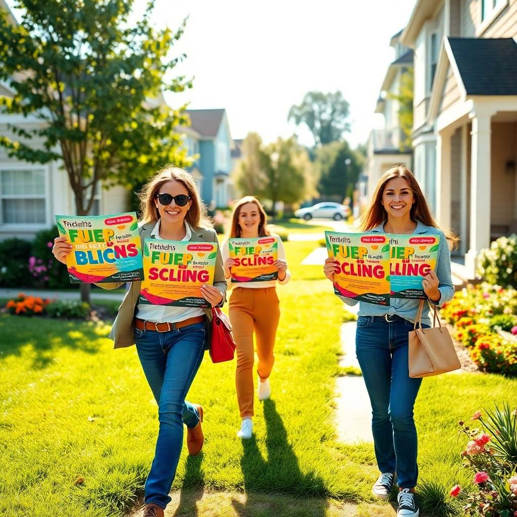 A professional and engaging scene of a marketing team delivering vibrant flyers door-to-door in a suburban neighborhood. The composition includes team members smiling, holding colorful, eye-catching flyers with clear, bold typography. Soft diffused lighting illuminates the sunny day, creating a warm, inviting mood. The camera angle should be slightly elevated, capturing both the vibrant flyers and the welcoming neighborhood environment. Texture is evident in the lush green grass and well-kept lawns, enhancing the feeling of community. Background elements include friendly houses and blooming garden flowers, emphasizing a lively atmosphere. The scene should radiate enthusiasm, rendered in ultra-detailed 8K resolution, hyperrealistic quality, showcasing the colors of the flyers against the backdrop of the neighborhood.