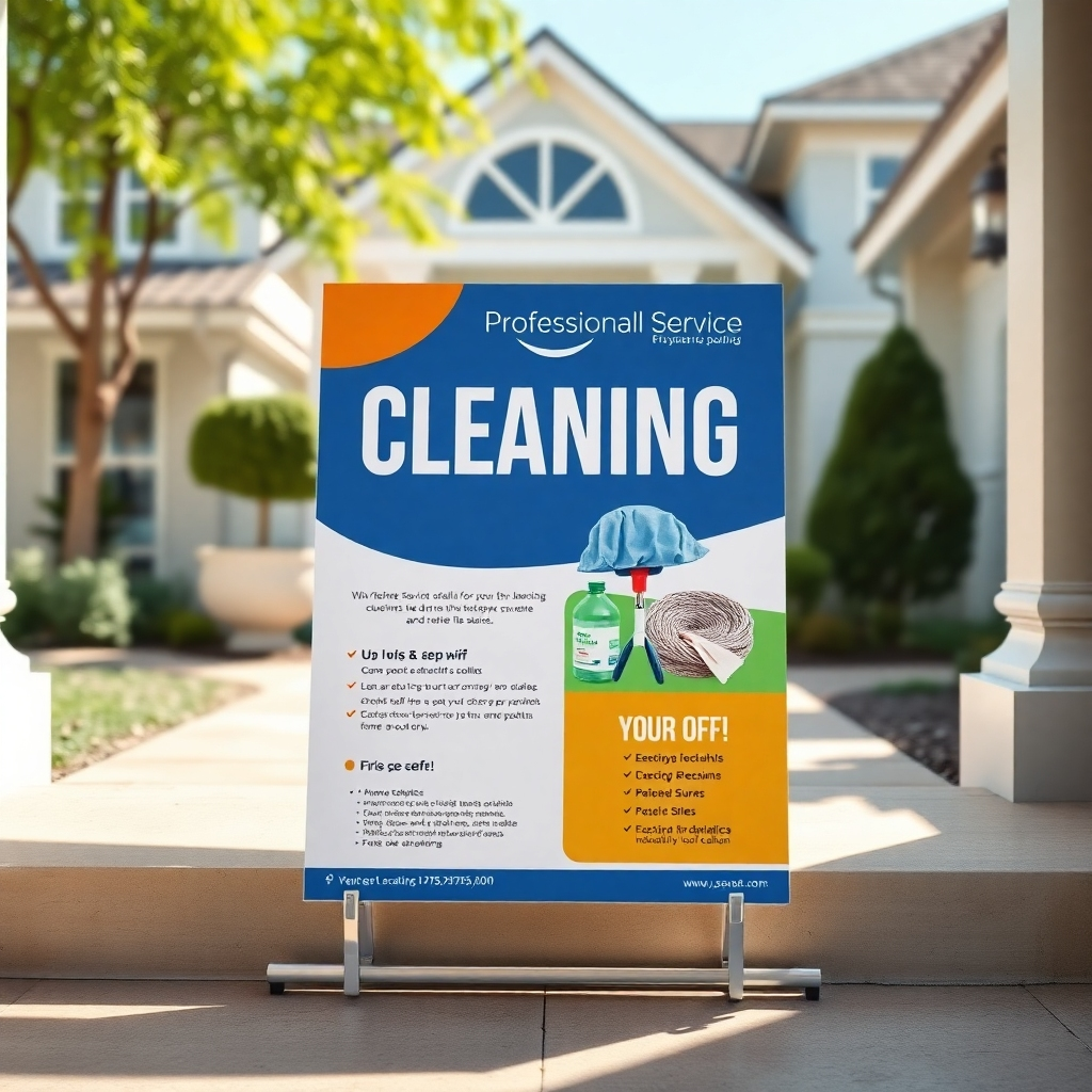 A professional cleaning service flyer displayed on a doorstep in an upscale neighborhood, showcasing elegant design elements and appealing offers, with a clean and inviting home in the background, bright sunlight highlighting the vibrant colors of the flyer.