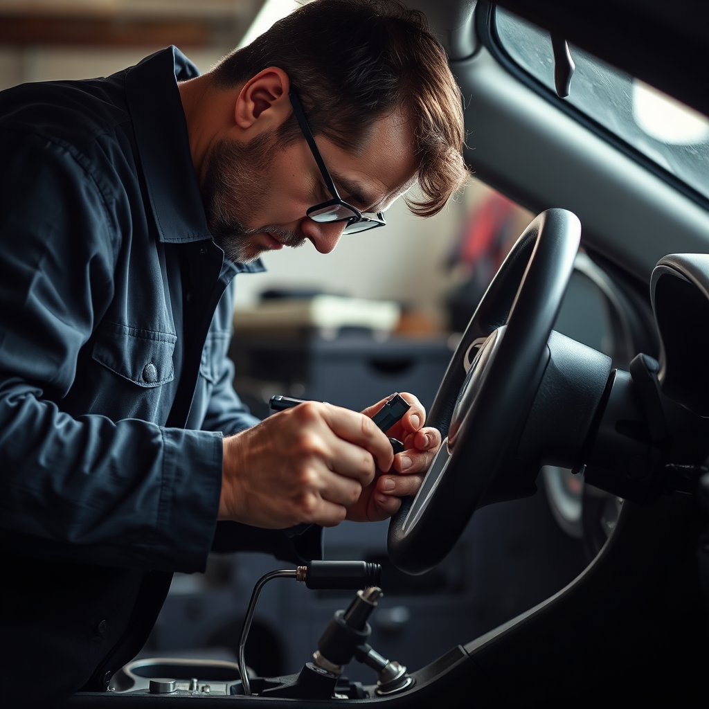 A professional locksmith expertly working on a car's steering column, with meticulous attention to detail. The image captures the moment of delicate work, highlighting the tools and parts involved. Soft light filters through the garage, accentuating the workspace's texture. The color scheme is focused on metallic tones, enhancing the professional atmosphere. The final image must reflect a high standard of craftsmanship and expertise in a realistic setting.