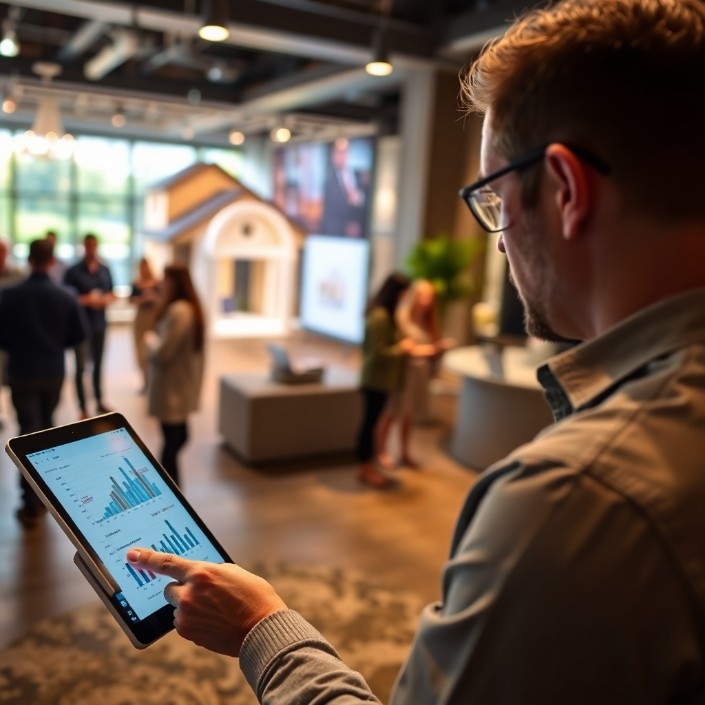A professional marketer analyzing data on a digital tablet, with graphs and metrics visible on the screen. In the background, display an open house setting with people engaging and viewing the property, suggesting a successful event.