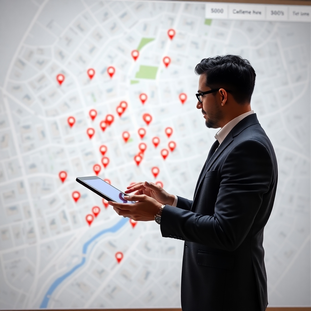 A professional real estate agent standing in front of a large map displaying a neighborhood with highlighted areas of 500 selected homes. The scene should convey precision and strategy, featuring markers for each selected home, with the agent reviewing the map on a tablet.