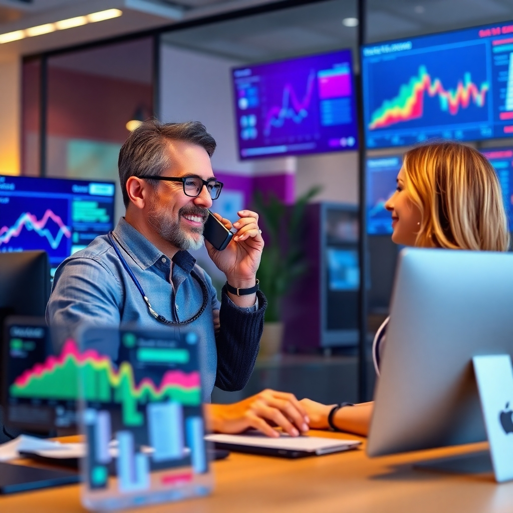 A professional real estate agent engaging in a phone conversation with a satisfied client, surrounded by digital screens and AI-generated data visualizations. The setting is a modern office with vibrant colors, showcasing technology and communication tools.
