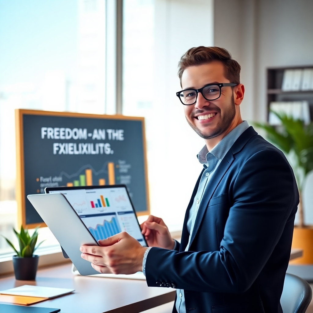 A real estate agent at a modern, bright office, smiling confidently while holding a laptop with an open window showing charts and analytics of their business growth. The office has a motivational poster about freedom and flexibility, showcasing a dynamic work environment.