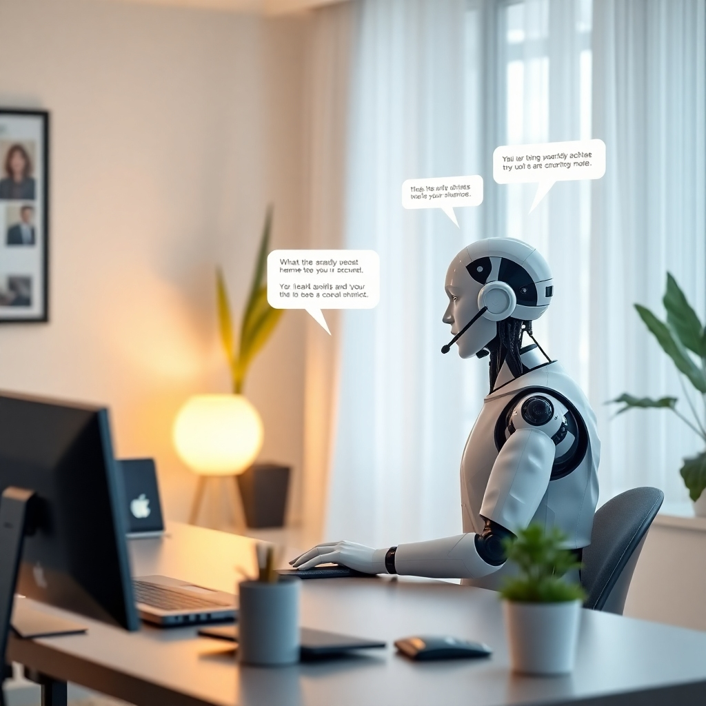 A realistic scene of a modern home office with a computer screen displaying a friendly A.I. interface. The A.I. is engaged in conversation on the phone, with speech bubbles showing personalized messages. Bright, inviting lighting and contemporary decor.