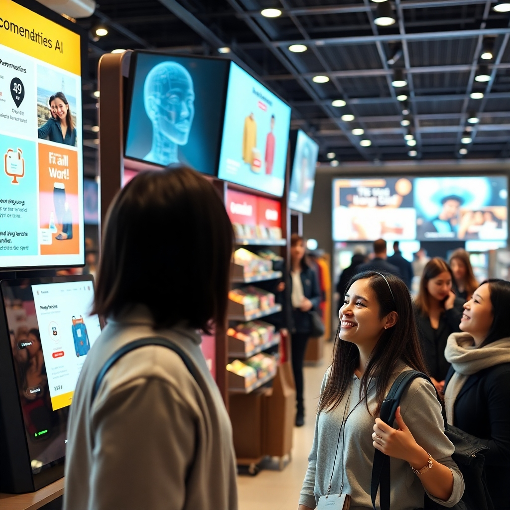 A retail scene where AI technology interacts with customers. Display an AI-powered kiosk providing personalized recommendations, digital screens showing tailored promotions, and contented shoppers enjoying a seamless shopping experience.