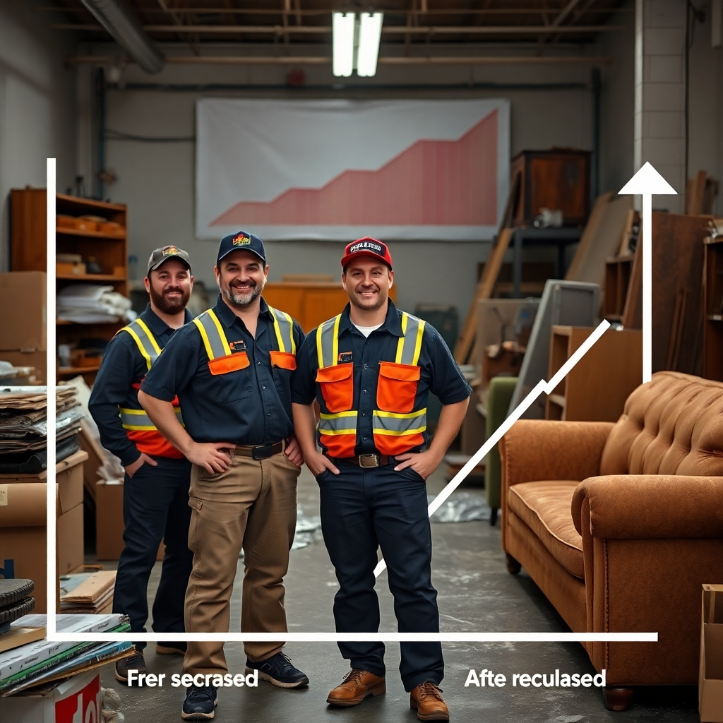 A satisfied junk removal team in uniform at a job site, surrounded by cleared junk and furniture. Include a background with a comparison chart showing increased service calls before and after Take 1 Marketing’s campaigns, illustrating growth.