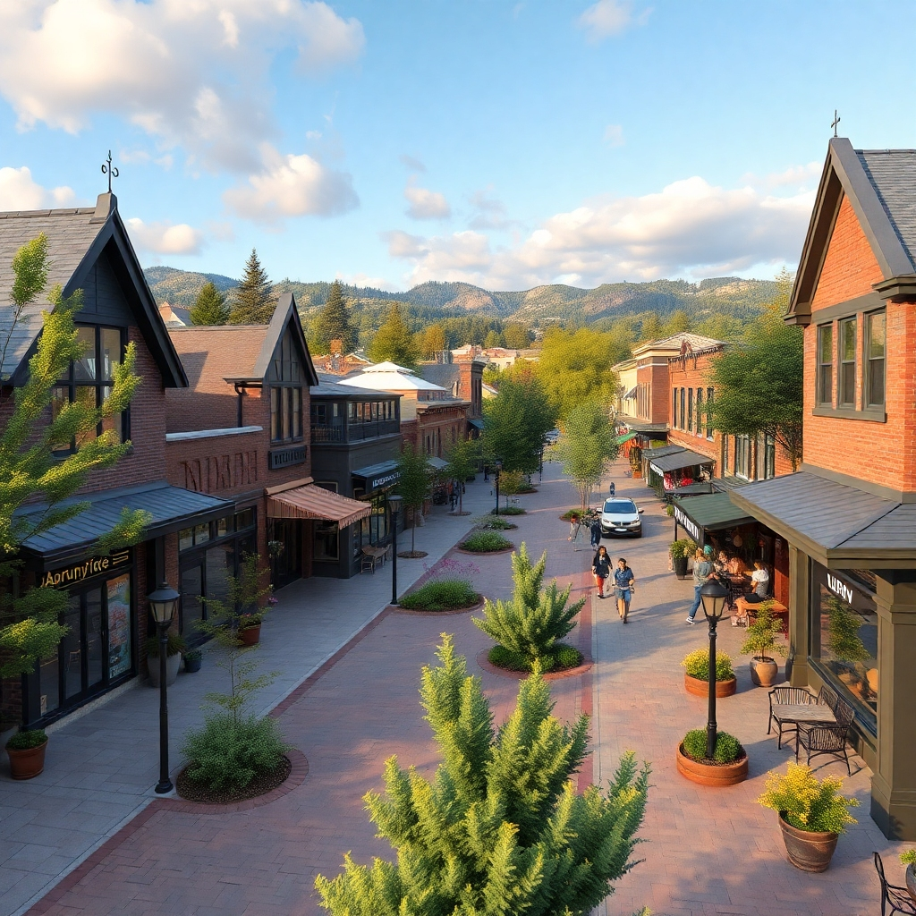A scenic view of Auburn with a charming downtown area featuring boutique shops, cafes, and lively streets. Include nearby parks and nature trails, showcasing the blend of urban life and beautiful outdoor spaces that attract residents.