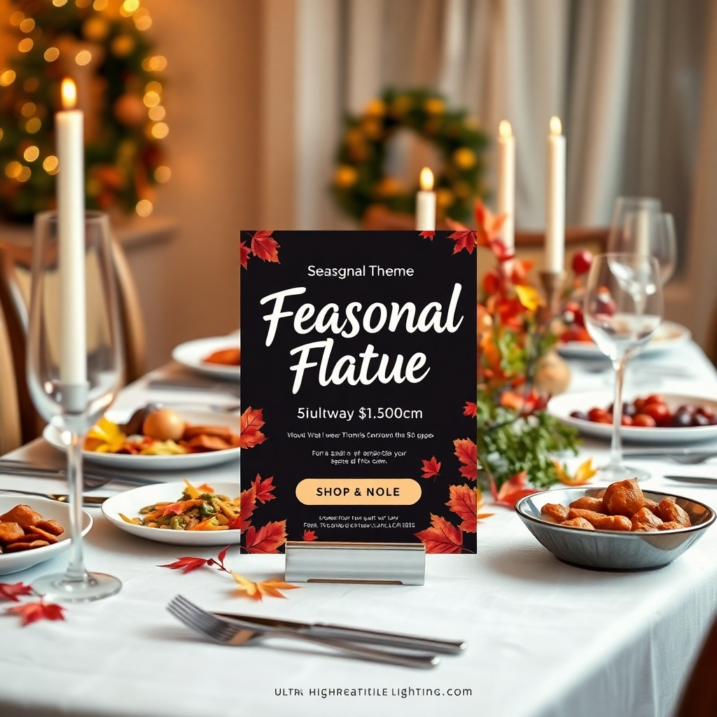 A seasonal promotion flyer showcasing a festive theme, with autumn leaves and seasonal dishes. The flyer is placed next to a beautifully arranged table set for a festive dinner, with warm lighting creating a cozy, inviting vibe.