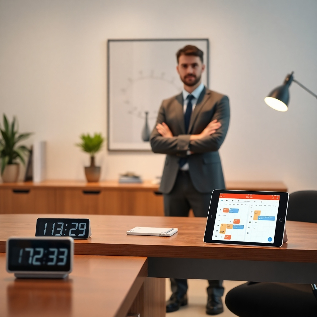 A serene office space featuring a stylish desk with a digital clock showing the time. In the background, there’s a Google Calendar app on a tablet, displaying a well-structured schedule. An agent stands beside the desk, looking confident and relaxed, ready for upcoming appointments.