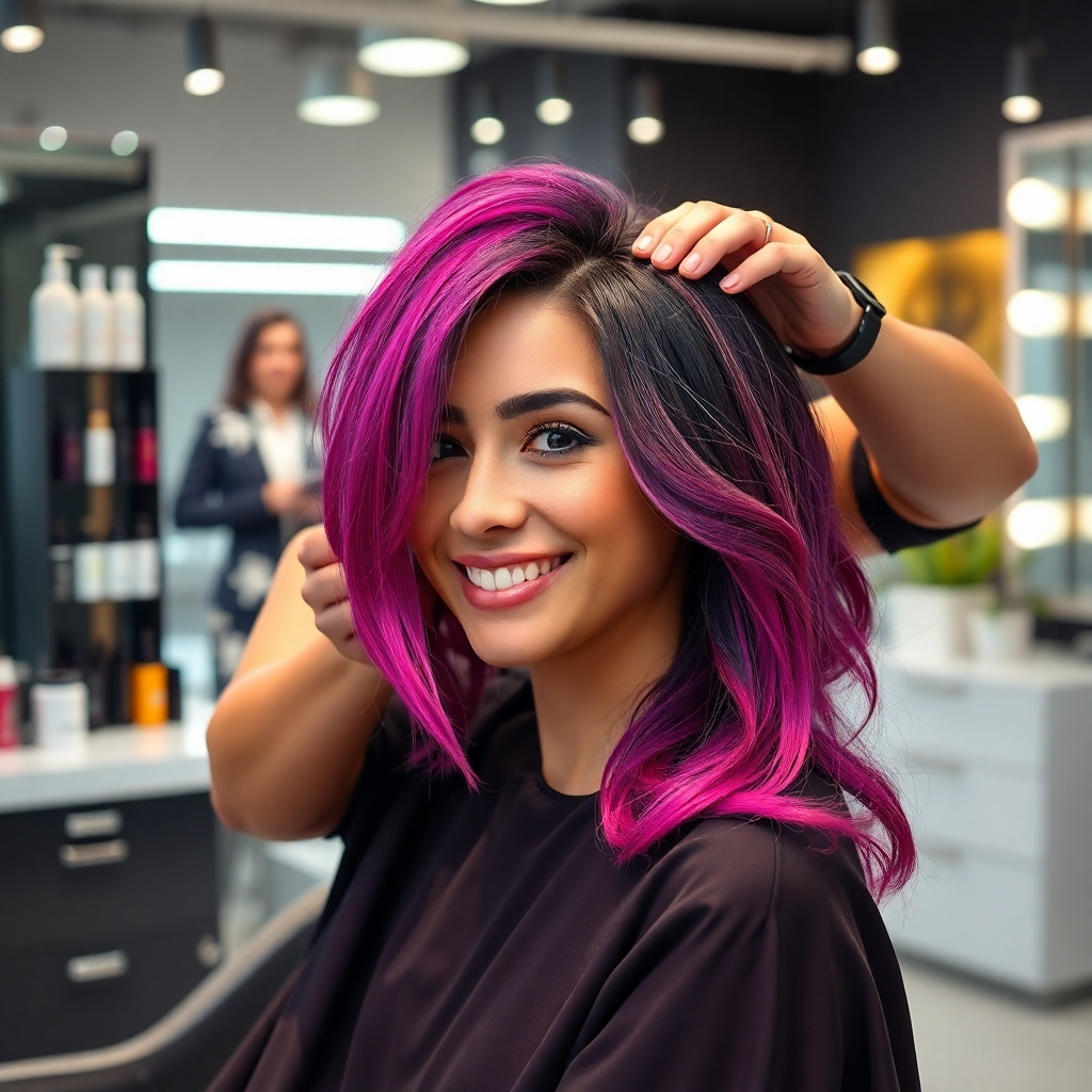 A serene salon setting featuring a skilled hairstylist giving a stylish haircut to a satisfied client. The backdrop includes modern hair products, stylish decor, and bright lighting that enhances the upscale atmosphere. Focus on vibrant hair color and a smiling customer's transformation.