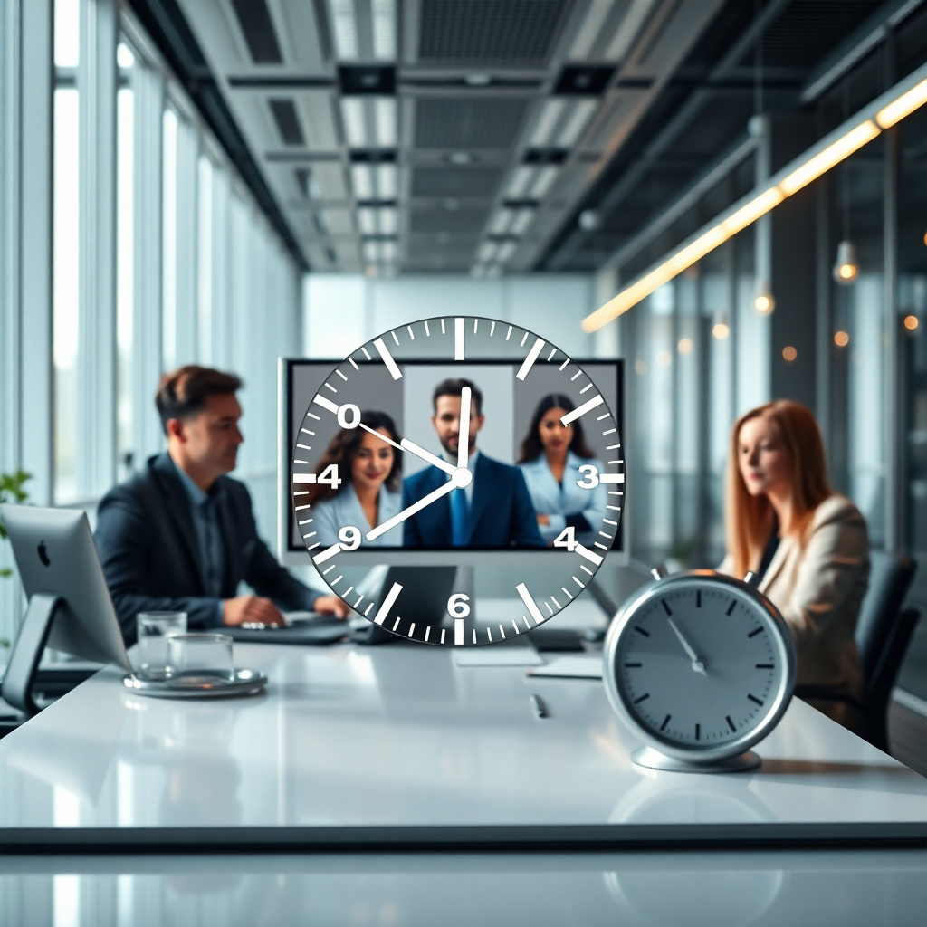 A sleek, modern office environment with a digital interface displaying a fast response time metric. A diverse team of professionals is engaged in a video call, with a clock symbolizing efficiency prominently in the foreground.