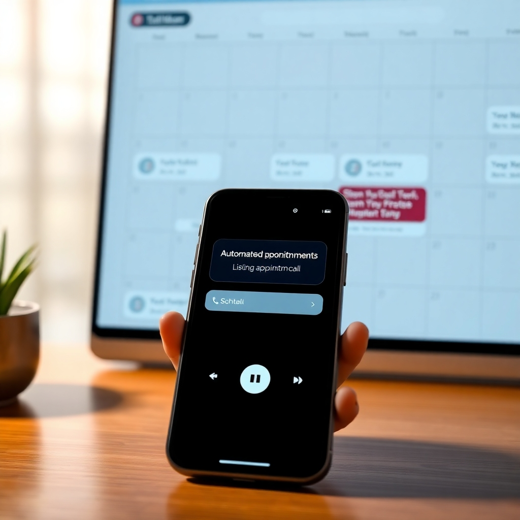 A sleek, modern phone displaying a scheduled automated call with a notification for a listing appointment. In the background, a digital calendar shows multiple appointments filled in, symbolizing productivity and organization in a real estate setting.