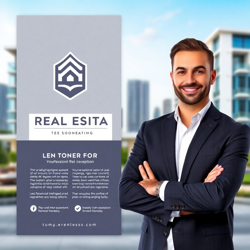 A sleek real estate flyer showcasing a professional logo and branding elements, alongside a professional photo of the agent. The flyer should have a polished layout, featuring testimonials and unique branding colors that resonate with the local community.