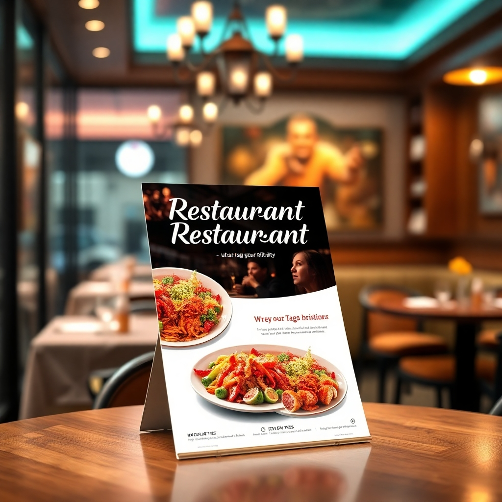 A sophisticated, high-quality restaurant flyer displayed on a table, featuring enticing visuals of food, vibrant colors, and a memorable tagline. The background is a cozy restaurant setting, showcasing warm lighting and an inviting atmosphere.