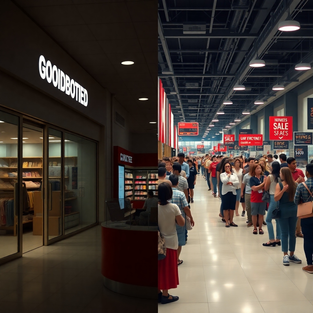 A split image showing a store before and after the grand opening. On the left, a quiet storefront; on the right, a bustling scene with long lines of eager customers, staff happily assisting, and visible sales signs. Include a graph in the background showing upward sales trends.
