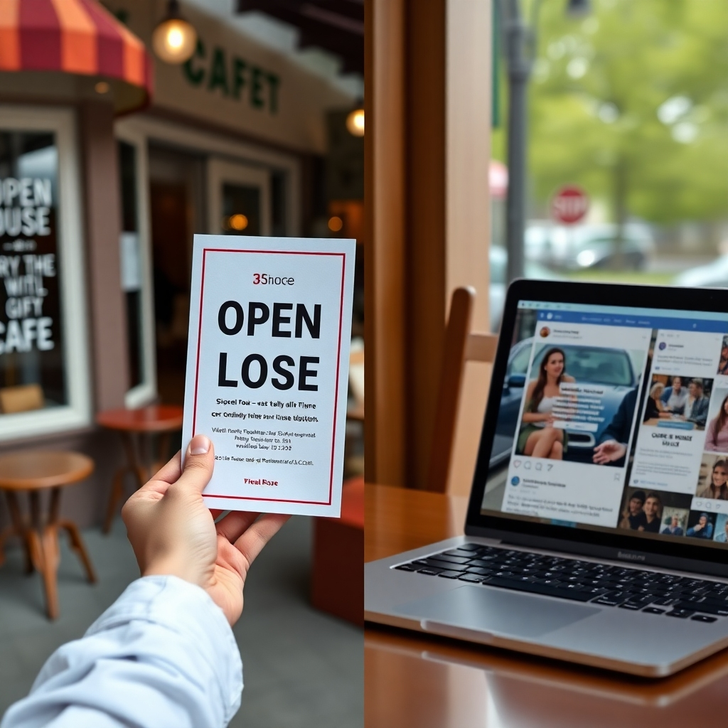 A split-screen image depicting both digital and physical distribution of open house flyers. One side shows a hand holding a flyer outside a local cafe, and the other shows a laptop displaying a social media post featuring the flyer.