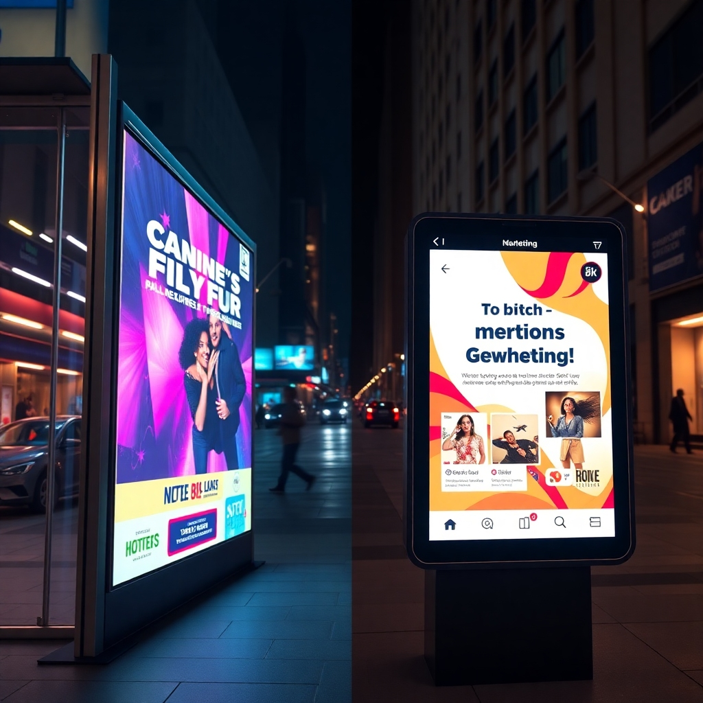 A split-screen image showcasing a vibrant outdoor flyer campaign on one side, and a digital marketing setup on another side, featuring social media ads and geofencing visuals. The integration creates a compelling visual narrative of coordinated marketing efforts in an urban environment.