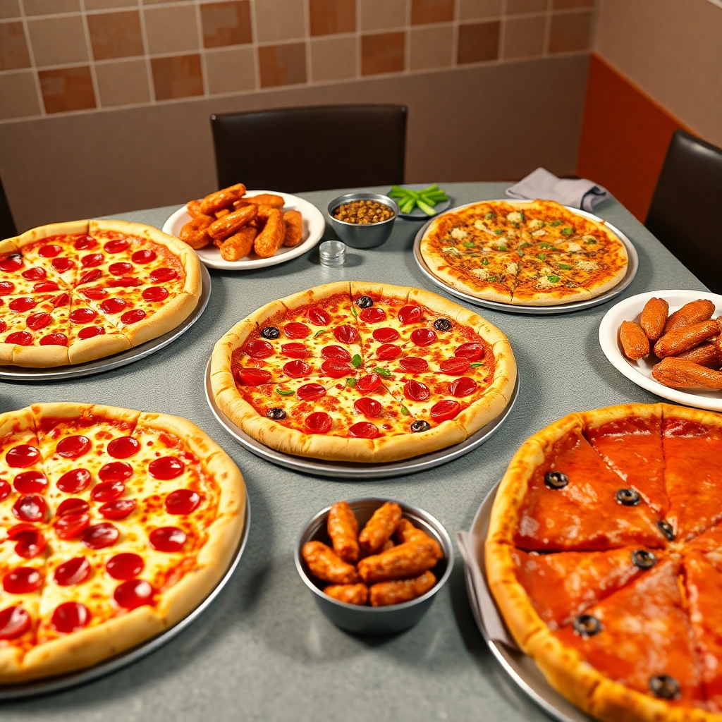 A spread of various Little Caesars pizzas on a dining table: a classic pepperoni pizza, a loaded ExtraMostBestest® pizza, and a golden-brown Detroit-Style Deep Dish pizza. Surrounding the pizzas are popular sides like Crazy Bread® and Buffalo Caesar Wings, creating a festive atmosphere.