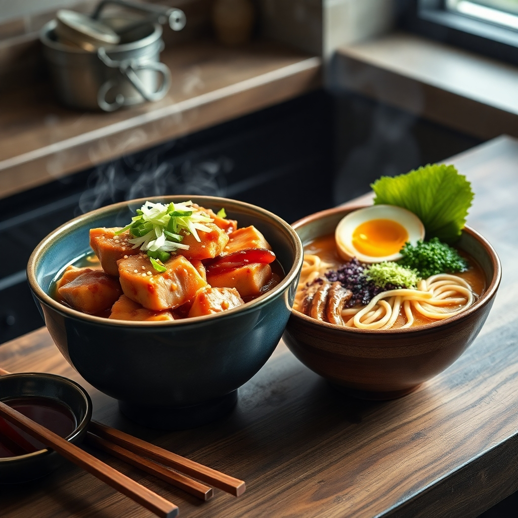 A steaming bowl of Chicken Teriyaki, garnished with sesame seeds and green onions, alongside a rich bowl of ramen topped with soft-boiled egg, bamboo shoots, and nori, placed on a rustic countertop with chopsticks and dipping sauces.