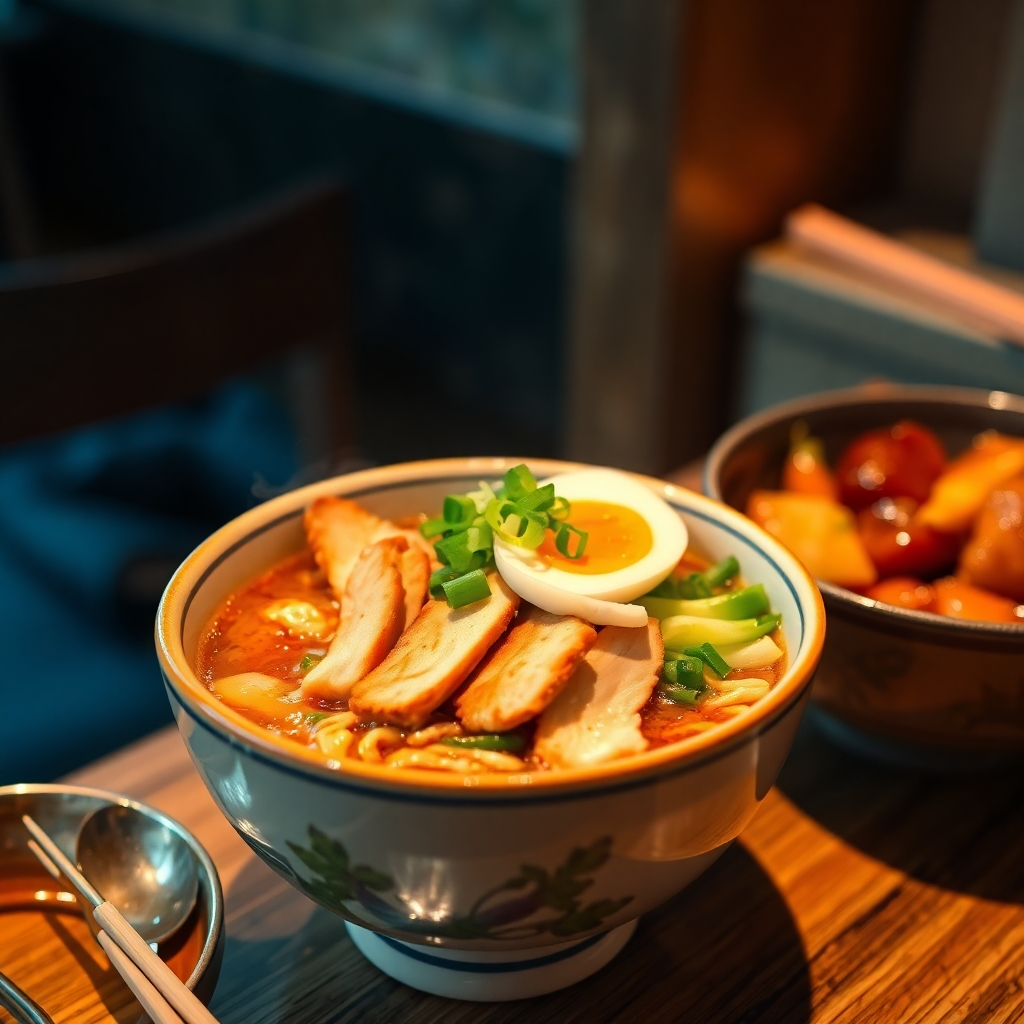 A steaming bowl of ramen topped with sliced chicken, green onions, and a soft-boiled egg, served next to a Chicken Teriyaki Bowl with glossy sauce and vegetables. The setting is cozy, with warm ambient lighting.