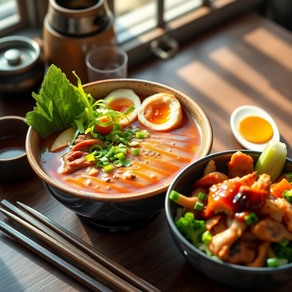 A steaming bowl of ramen with rich broth, garnished with scallions, soft-boiled eggs, and fresh vegetables, alongside a vibrant Chicken Teriyaki Bowl. The setting includes traditional Japanese tableware and a soft natural light illuminating the meal.