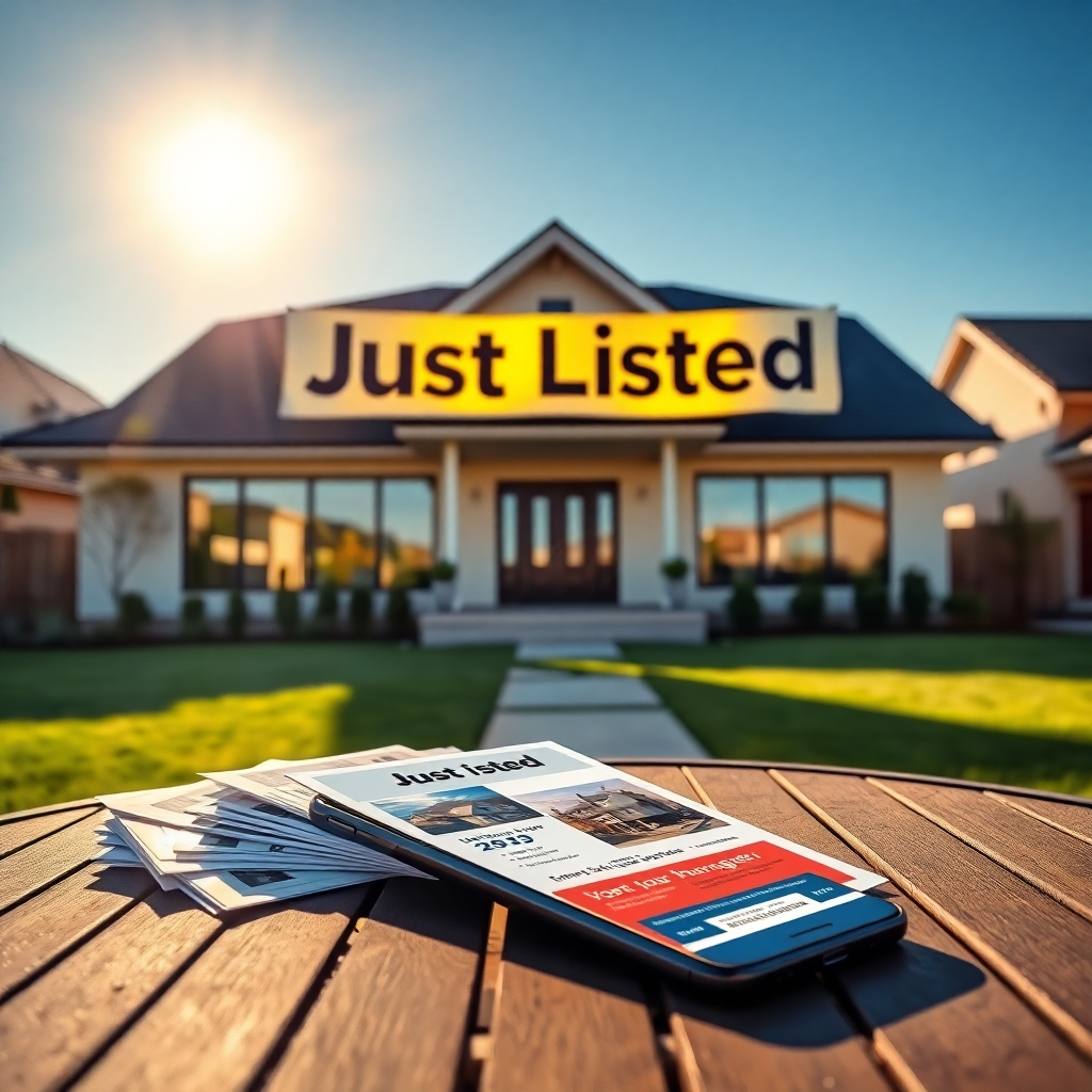 A striking image of a freshly listed property, featuring a beautifully designed home with a bold 'Just Listed' banner across the front lawn. The scene captures the essence of excitement and urgency in real estate, showcasing a clear blue sky and golden sunlight that enhances the vibrancy of the home's exterior. The front view perspective showcases architectural details, like angular roofs and large windows reflecting the sun. In the foreground, high-quality flyers displaying key property details are artistically arranged on a stylish outdoor table. A smartphone beside the flyers displays a vibrant geotargeted digital ad that buzzes with invitations to inquire about the property. The background shows a neighborhood setting, with hints of bustling activity from potential buyers. This image draws inspiration from the promotional style of high-end real estate photography, presented in an ultra-detailed and photorealistic 8K resolution.