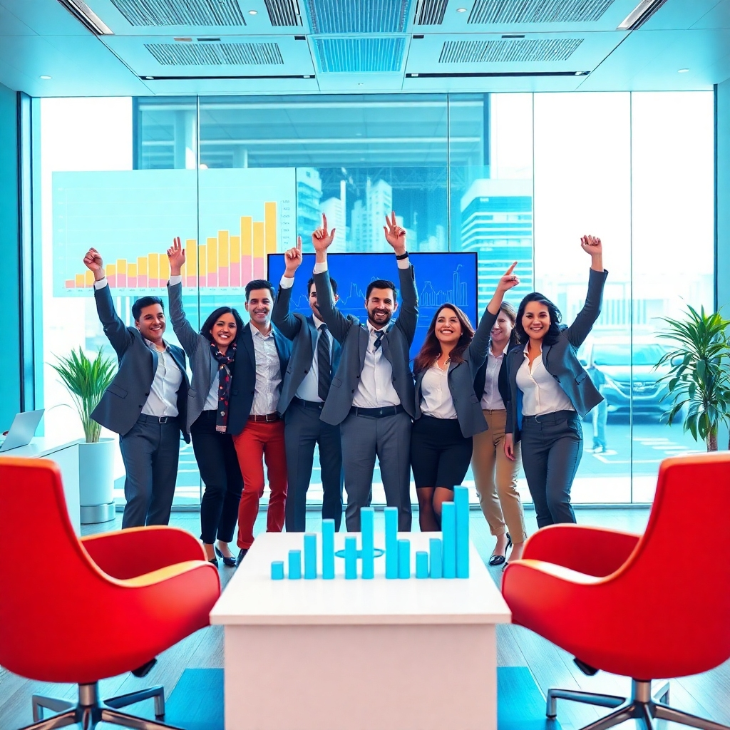A striking visual of a modern real estate office with a group of ten enthusiastic agents celebrating, surrounded by charts and graphs depicting rising sales and leads. The ambiance should be bright and professional, showcasing a digital dashboard with analytics and a competitive edge.