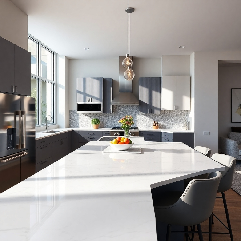 A stunning kitchen interior, highlighting modern upgrades like stainless steel appliances, elegant quartz countertops, and an island with stylish bar stools. The space is illuminated by dramatic side lighting from large windows, emphasizing the sleek design and sharp lines. A neutral color palette, with soft grays and whites accented by a splash of color in decorative items, creates an inviting yet sophisticated mood. The tile backsplash features intricate geometric patterns, adding visual interest while remaining chic. A fresh bowl of fruits sits on the countertop, suggesting a homey feel. The camera angle is from the dining area, capturing both the kitchen and open-concept flow to the living room. Textures are ultra-detailed, with reflections in surfaces that showcase quality materials. This image should be photorealistic and rendered in 8K resolution, bringing out the nuances of light and shadow in this stylish environment.