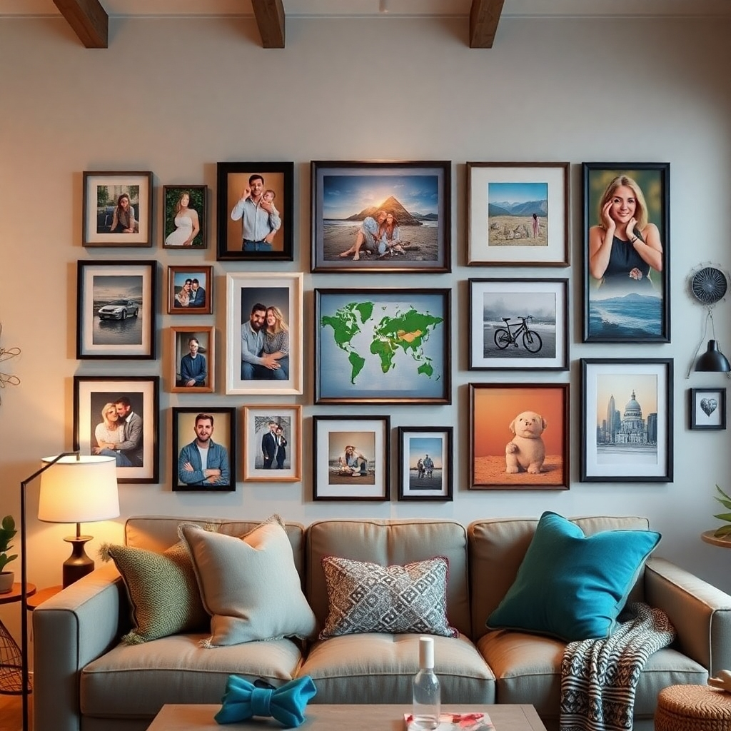 A stunning photorealistic image of a well-decorated gallery wall featuring diverse personal decor elements like family photos in various frames, vibrant art pieces, and travel souvenirs. The setting should be cozy and inviting, showing a tastefully arranged living space that emphasizes individuality.