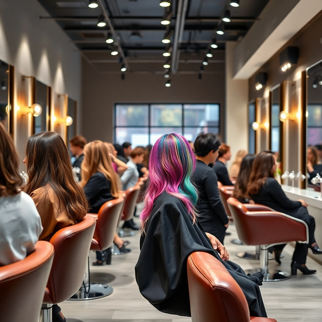 A stylish salon interior with a modern atmosphere, showing a diverse group of clients receiving haircuts and color treatments. Include a skilled stylist working on a client's vibrant hairstyle with colorful hair dyes, and elegant decor featuring plush seating and mirrors.