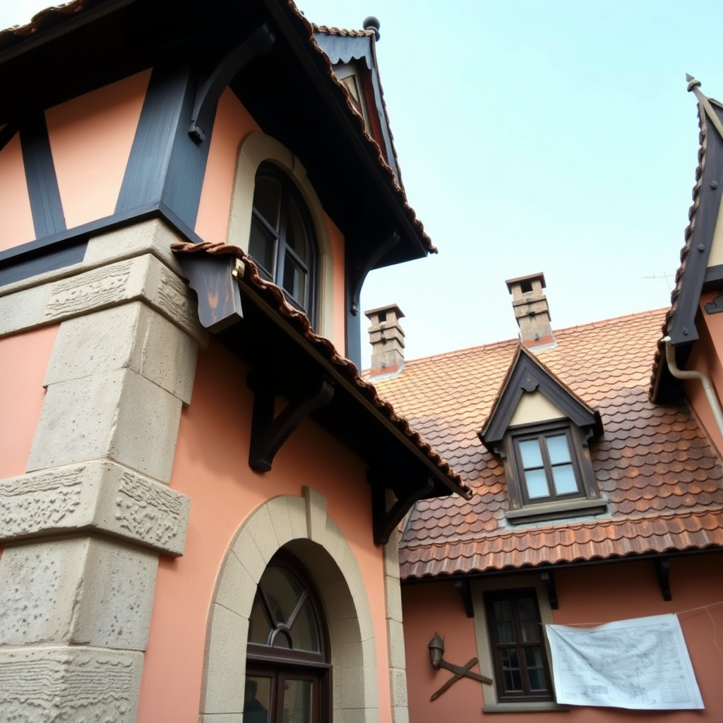 A stylized image of a historic building with unique architectural features, showcasing expertly applied roofing that matches the original style. Natural lighting accentuates the details, casting soft shadows that highlight craftsmanship. The color palette includes soft pastels reflecting historic shades, and the camera angle is eye-level, focusing on the intricate roofing work. Props might include vintage tools or blueprints. Aim for a high-quality image that tells a story of preservation and skilled workmanship.