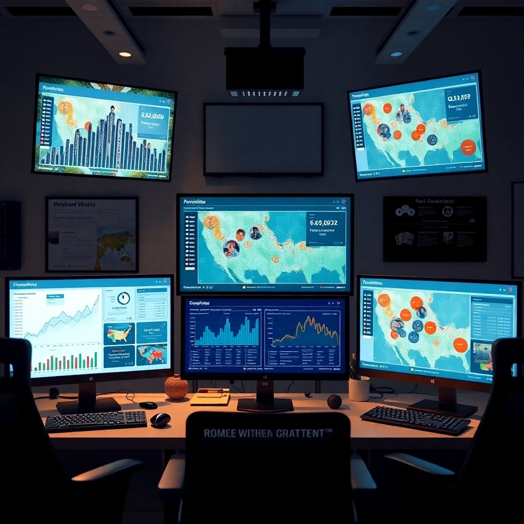 A tech-savvy office environment with multiple screens showing real-time engagement analytics. Include graphical data visualizations and maps of a geofenced area, highlighting homeowner interactions with the ads in a dynamic way.