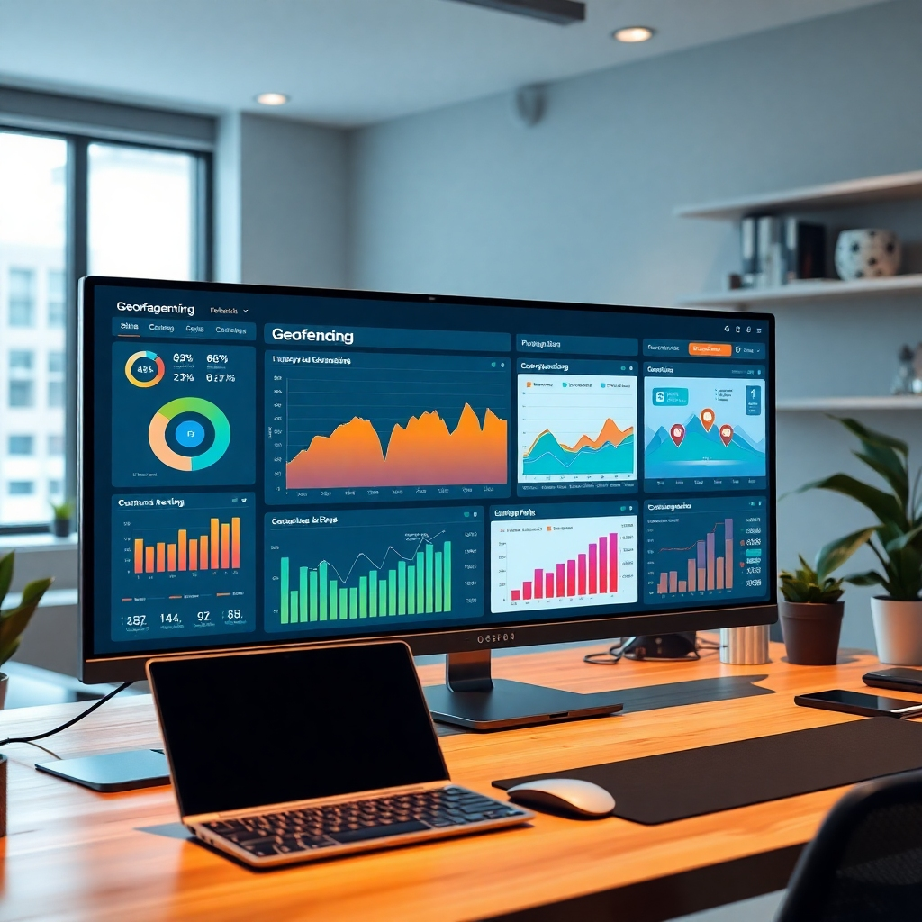 A tech-savvy workspace displaying a digital dashboard with graphs and charts illustrating analytics from a geofencing campaign. Include visuals of engagement statistics, heat maps, and metrics related to targeted real estate marketing.